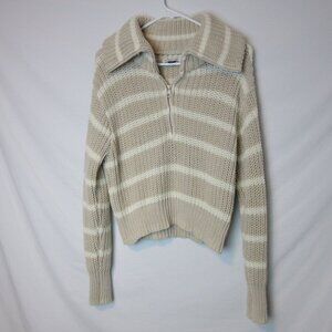 American Eagle Sweater Beige Knit 1/4 Zip Collared Striped Preppy Women's Small